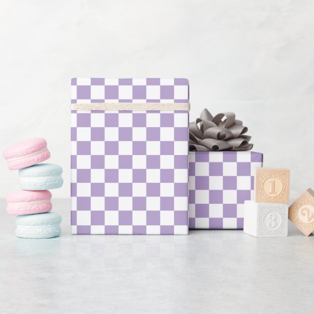 Papel De Presente White & Purple Checkerboard Wrapping Paper Roll (Chá de bebê)
