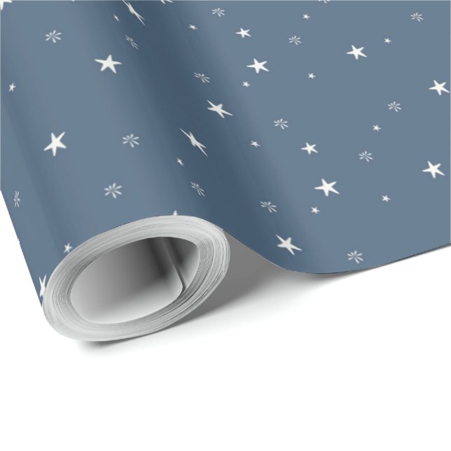 Papel De Presente White Stars (Estrelas brancas) em azul (Ponta do rolo)
