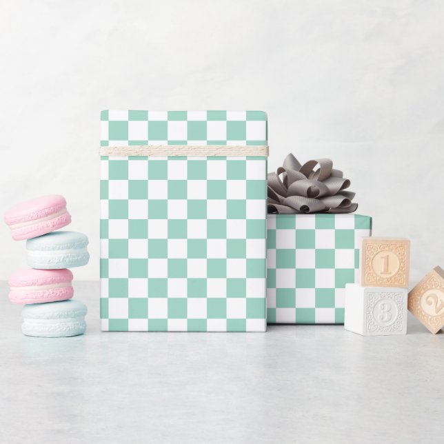 Papel De Presente White & Teal Checkerboard Wrapping Paper Roll (Chá de bebê)