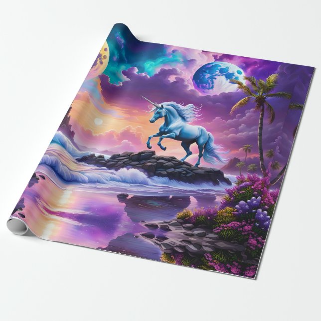 Papel De Presente White Unicorn Fantasy Tropical Beach (Desenrolado)