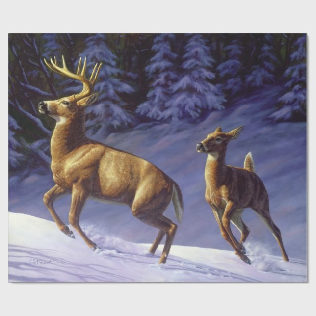 Papel De Presente Whitetail Deer Buck & Doe na Neve de inverno (Aberto)