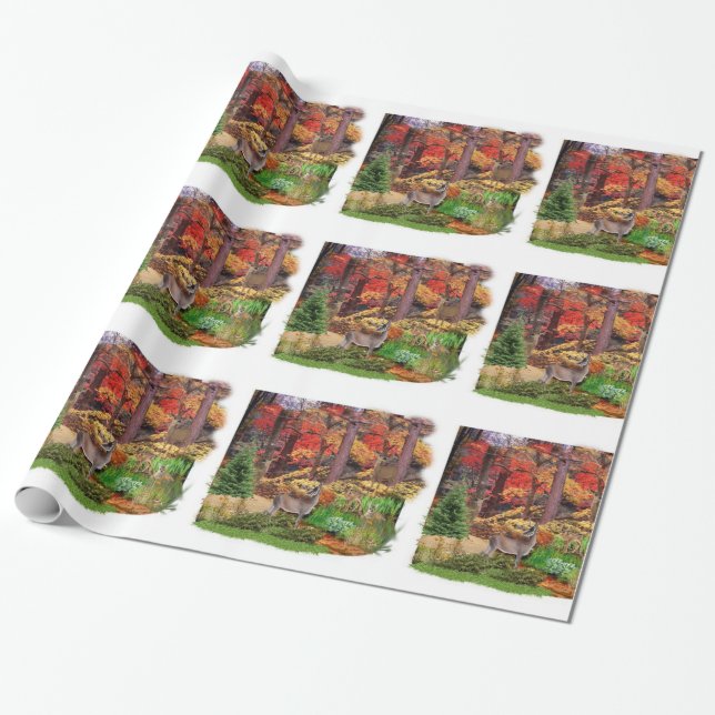 Papel De Presente Whitetail Deer no Woods / Fall Season Collage (Desenrolado)