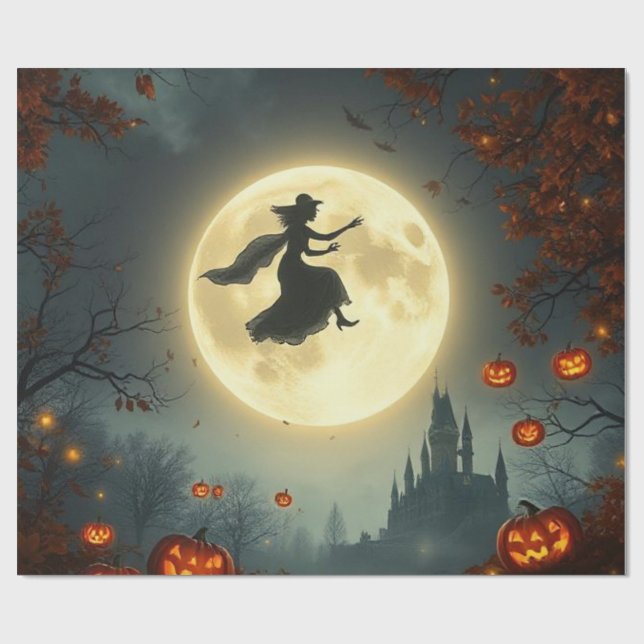 Papel De Presente Wicked Mystical Witch Flying Over Full Moon 🌕 (Aberto)