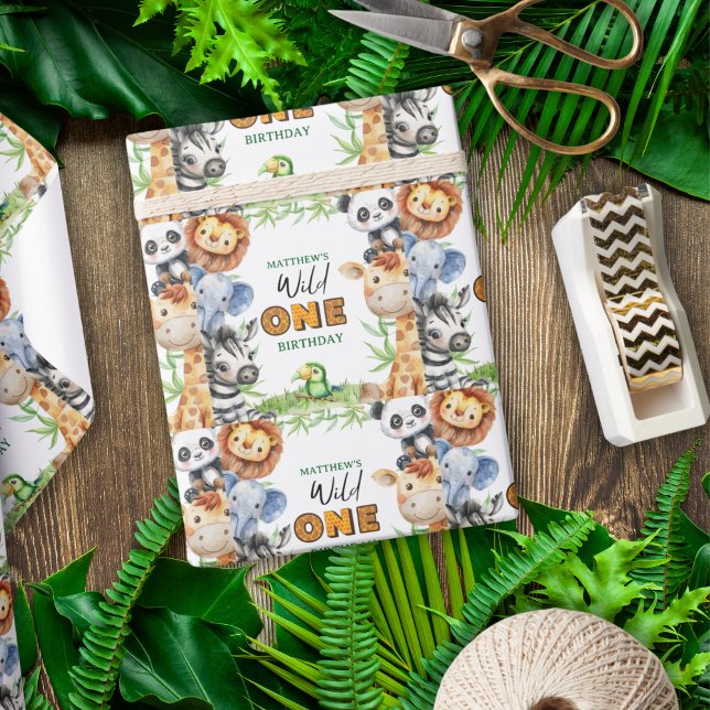 Papel De Presente Wild One Jungle Safari 1st birthday  (Criador carregado)