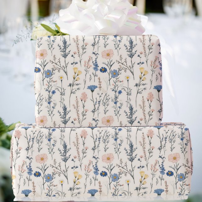 Papel De Presente Wildflower Gift Wrapping Paper Blue & Pink (Criador carregado)