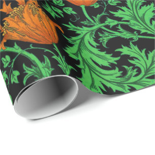 Papel De Presente William Morris Anemone, Laranja, Verde e Preto