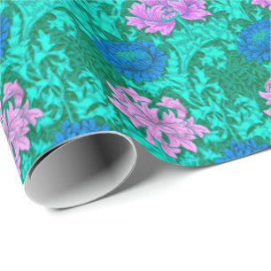 Papel De Presente William Morris Chrysanthemums, Aqua e Violet