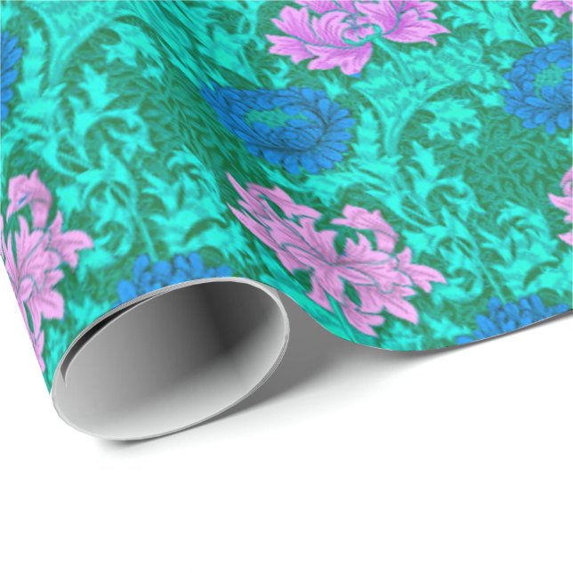 Papel De Presente William Morris Chrysanthemums, Aqua e Violet (Ponta do rolo)