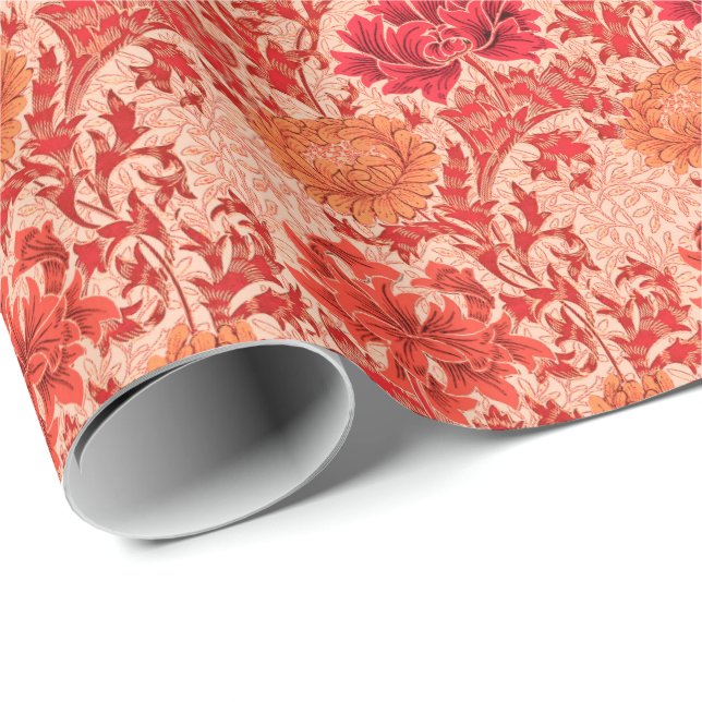 Papel De Presente William Morris Chrysanthemums, Coral Orange (Ponta do rolo)