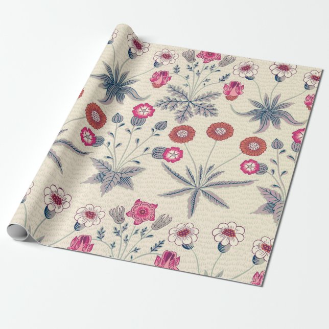 Papel De Presente William Morris Daisy Padrão Floral Vermelho Laranj (Desenrolado)