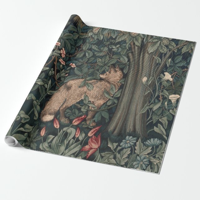 Papel De Presente William Morris Greenery Fox Willife (Desenrolado)