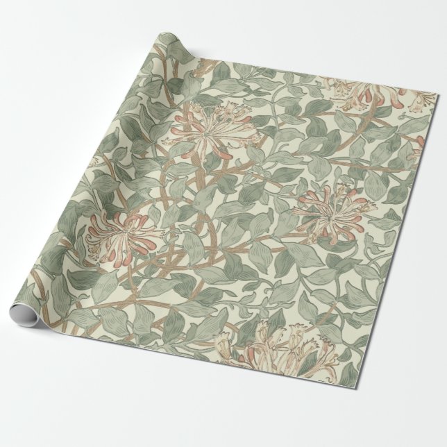Papel De Presente William Morris Honeysuckle Green Floral (Desenrolado)