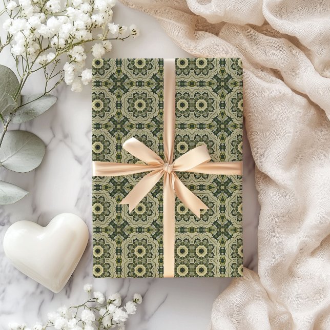 Papel De Presente William Morris inspirou geometria verde pastel (William Morris inspired pastel green geometric Wrapping Paper)