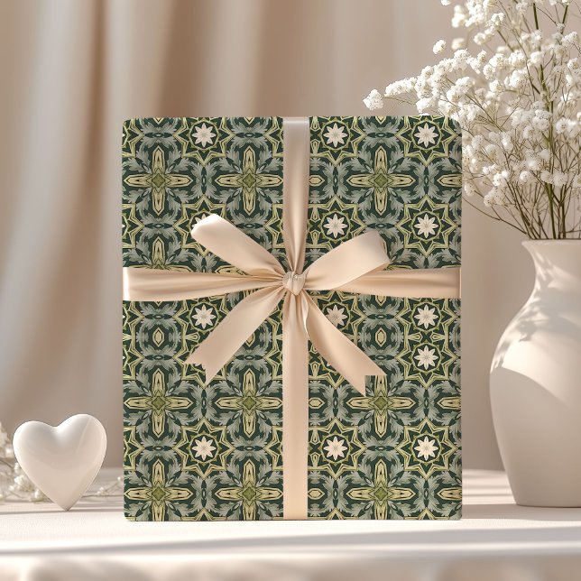 Papel De Presente William Morris inspirou geometria verde pastel (William Morris inspired pastel green geometric Wrapping Paper)