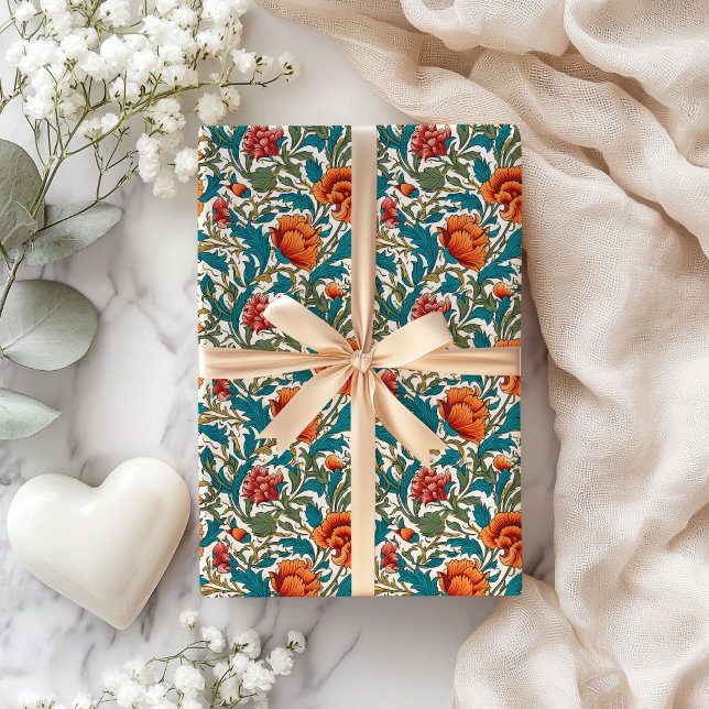 Papel De Presente William Morris inspirou terracotta pastel azul (William Morris inspired terracotta pastel blue Wrapping Paper)