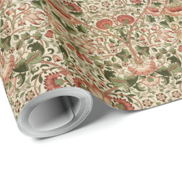 Papel De Presente William Morris Lodden Flowers Foliage Verde Rosa