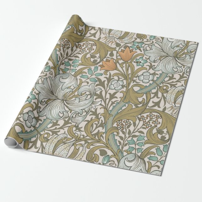 Papel De Presente William Morris Ouro Lily Blue Dourado Classic (Desenrolado)