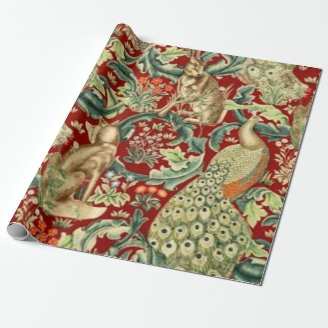 Papel De Presente William Morris Red Pattern Forest (Desenrolado)