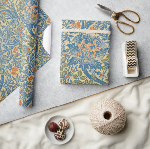 Papel De Presente William Morris Rosa e Flor de Cardo Azul
