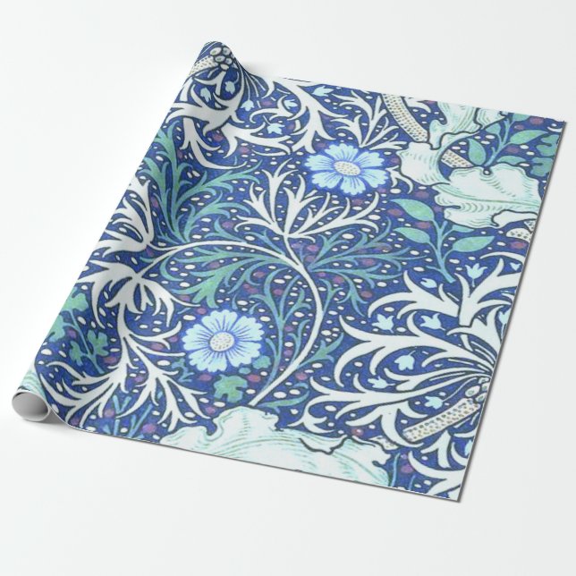 Papel De Presente William Morris Seaweed Blue Pattern (Desenrolado)