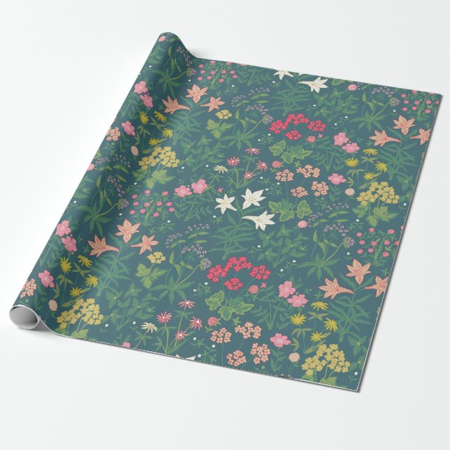 Papel De Presente William Morris Style Primavera Garden Padrão Flora (Desenrolado)