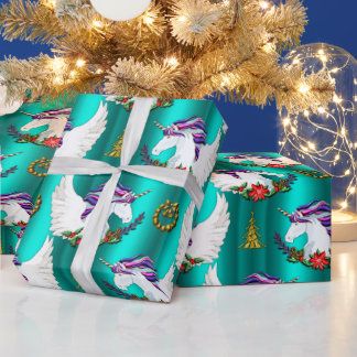 Papel De Presente Winged Unicorn Teal Christmas Wrappaper