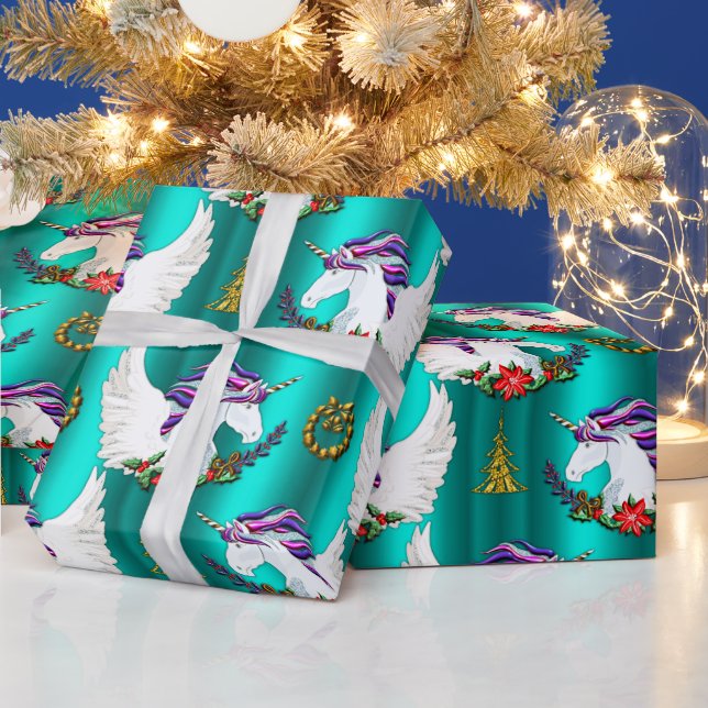 Papel De Presente Winged Unicorn Teal Christmas Wrappaper (Feriados)