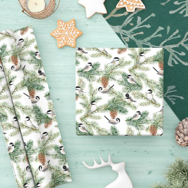 Papel De Presente Winter Chickadee Woodland Pattern (Criador carregado)