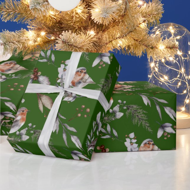 Papel De Presente Winter Green Robin Greenery Watercolor (Feriados)