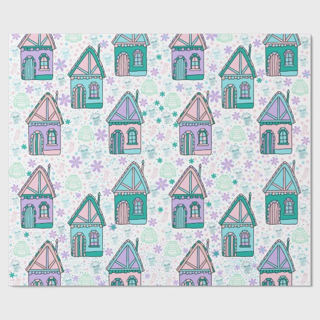 Papel De Presente Winter Houses Art – Cozy Snowy Village Design  (Aberto)