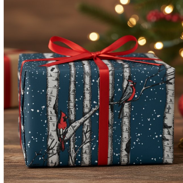 Papel De Presente Winter Navy Blue Cardinal Birds Snow Birch Trees (Elegant Winter Wrapping Paper for Christmas. Modern Red Cardinals in Birch Forrest of Snowy Trees)