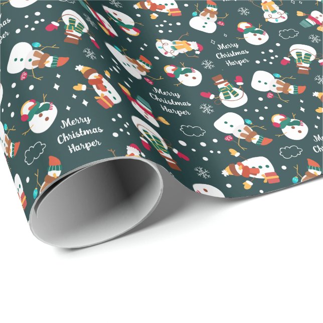 Papel De Presente Winter Snowman Personalizado Christmas (Ponta do rolo)