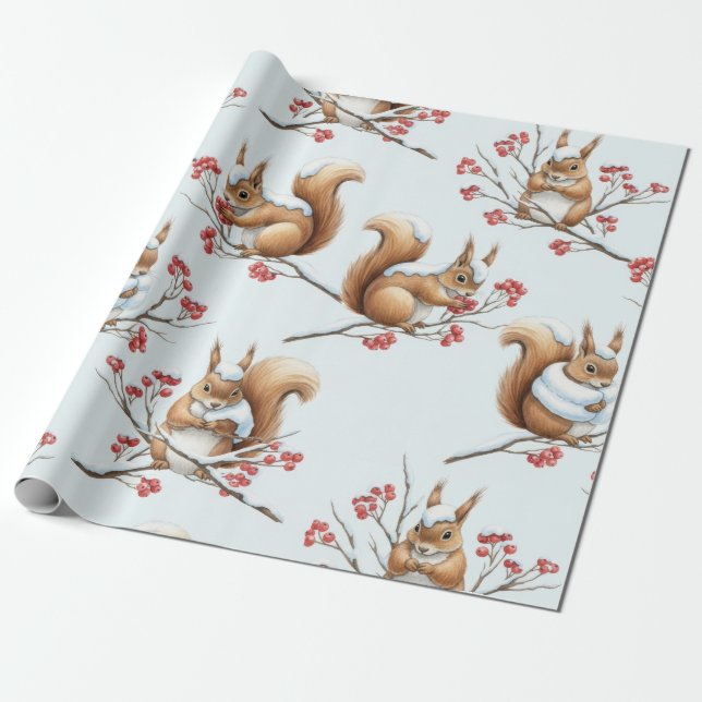 Papel De Presente Winter Squirrels Among Snowy Branches (Desenrolado)