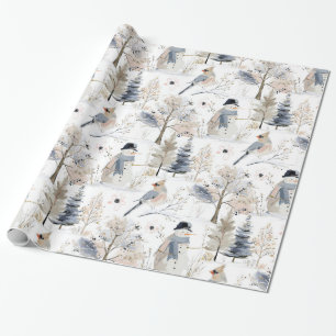 Papel De Presente Winter Wonderland Snowman e Bird Pattern