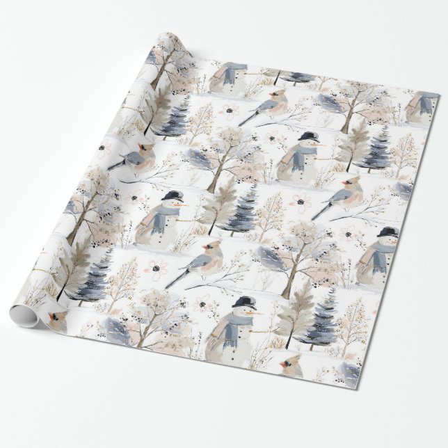Papel De Presente Winter Wonderland Snowman e Bird Pattern (Desenrolado)