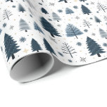 Papel De Presente Winter Wonderland Snowy Blue Christmas<br><div class="desc">Folha de inverno de neve desenhada à mão em terra azul de floresta de Natal com pinheiros brancos em vários tons de azul com flocos de neve,  flores de inverno e estrelas.</div>