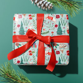 Papel De Presente Winter Woodland Blue & red Animals forest pattern