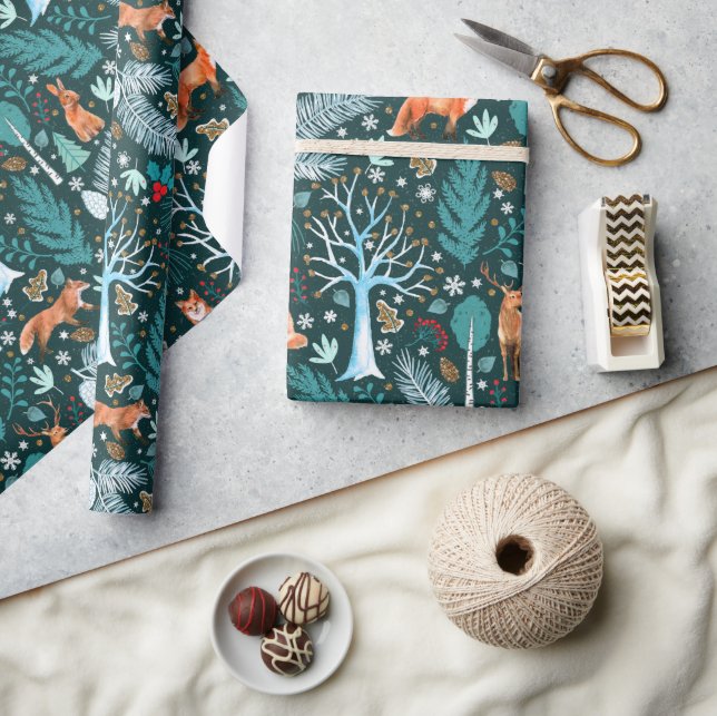 Papel De Presente Winter Woodland Teal/Dourado ID785 (Artesanato)