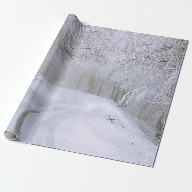 Papel De Presente Wintry Road Trees Snow Christmas (Desenrolado)