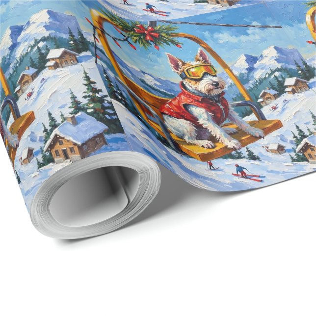 Papel De Presente Wire Fox Terrier Christmas Ski Lift Adventure (Ponta do rolo)