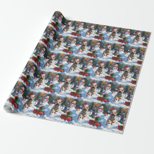 Papel De Presente Wire Fox Terrier Correndo na Neve com Chapéu de Na