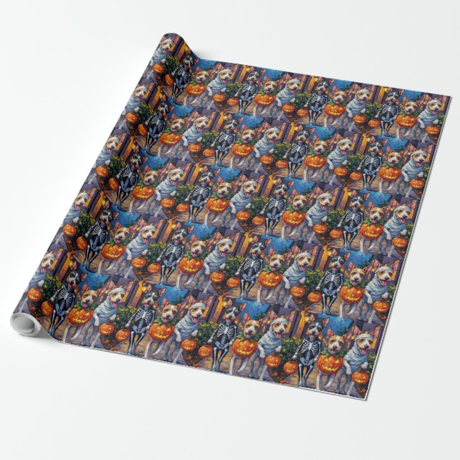 Papel De Presente Wire Fox Terrier Fazendo Trick-or-Treating no Hall (Desenrolado)