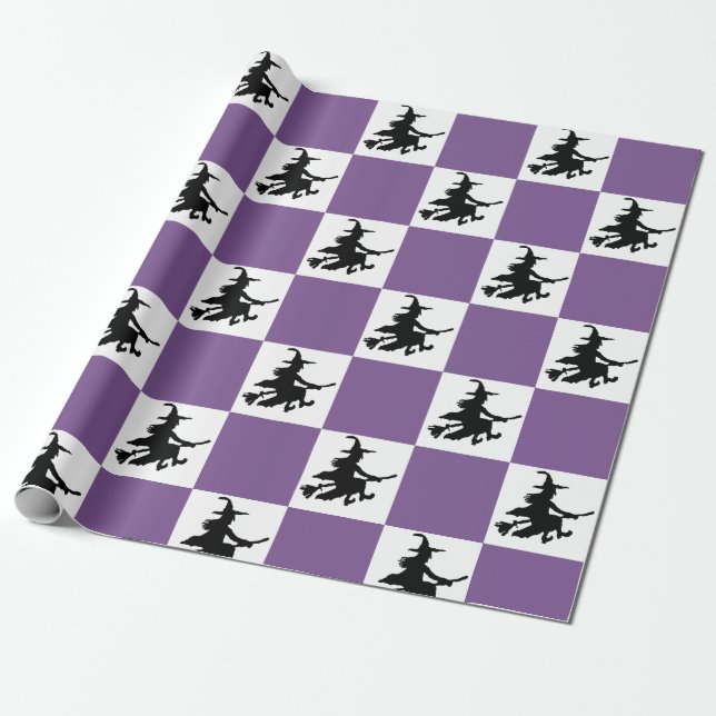 Papel De Presente Witches on Purple & White Checkered Wrapping Paper (Desenrolado)