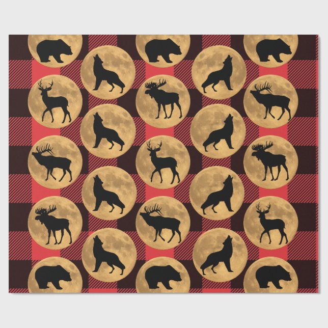 Papel De Presente Wolf Bear Elk Moose Deer Full Moon (Aberto)