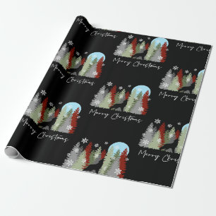 Papel De Presente Wolf Howling Na Floresta Feliz Árvores De Natal