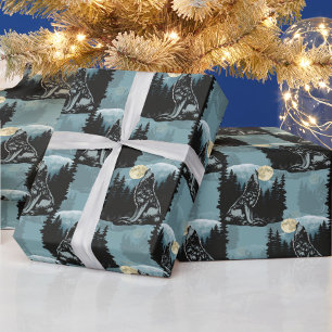 Papel De Presente Wolf Howling Na Moon Pattern Design