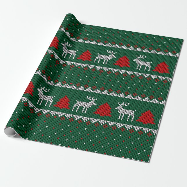 Papel De Presente Wonderland de inverno, Reindeer Pine Tree Green (Desenrolado)