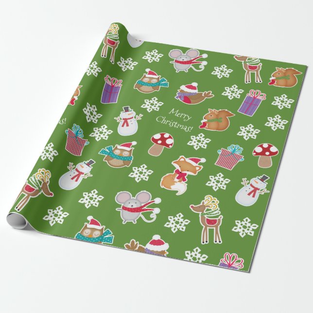 Papel De Presente Woodland Animal Pattern Green Merry Christmas (Desenrolado)
