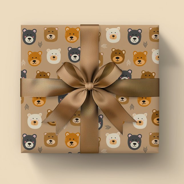 Papel De Presente Woodland Bear crianças bonitas (Cute bear head wrapping paper rolls ideal for boys birthday, new baby gifts or baby shower)