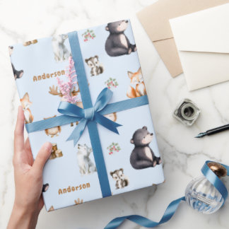 Papel De Presente Woodland Blue Baby Shower Giftwrapping Paper